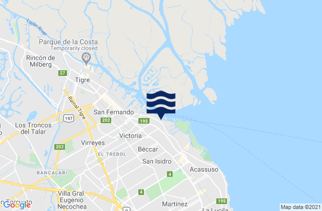 Mapa da tábua de marés em San Isidro, Argentina