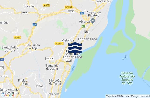 Mapa da tábua de marés em San Miguel - Santa Iria, Portugal