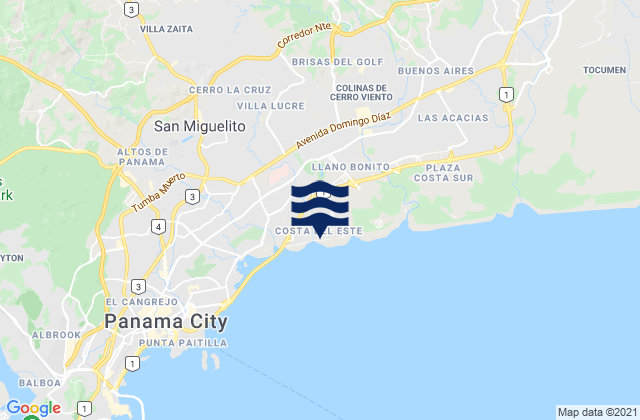 Mapa da tábua de marés em San Miguelito, Panama