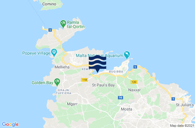 Mapa da tábua de marés em San Pawl il-Bahar, Italy