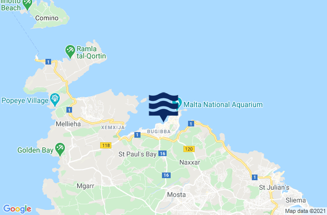 Mapa da tábua de marés em San Pawl il-Baħar, Malta