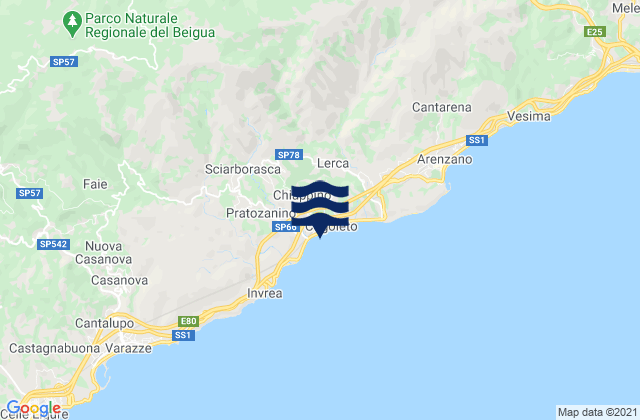 Mapa da tábua de marés em San Pietro d'Olba, Italy