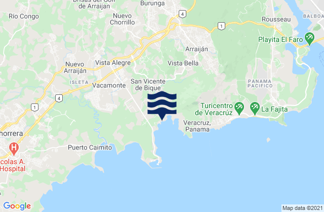 Mapa da tábua de marés em San Vicente de Bique, Panama