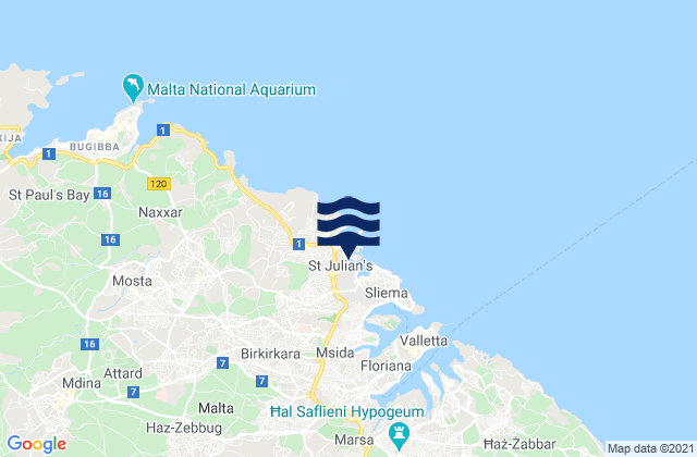Mapa da tábua de marés em San Ġiljan, Malta