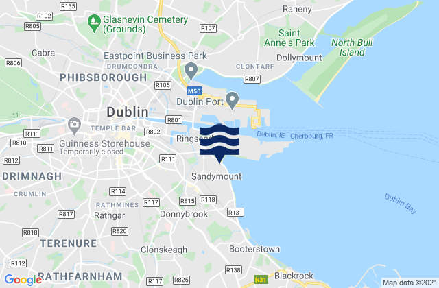 Mapa da tábua de marés em Sandymount, Ireland