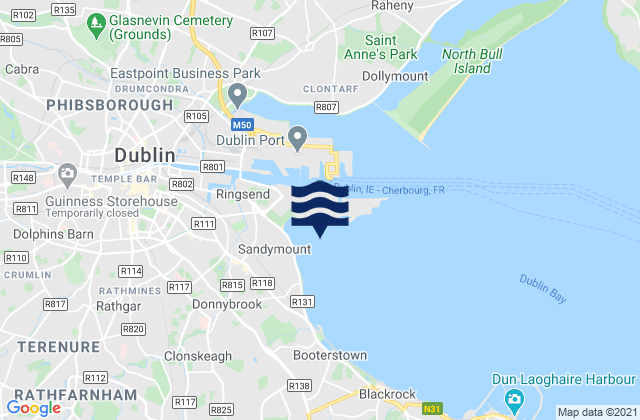 Mapa da tábua de marés em Sandymount Strand, Ireland