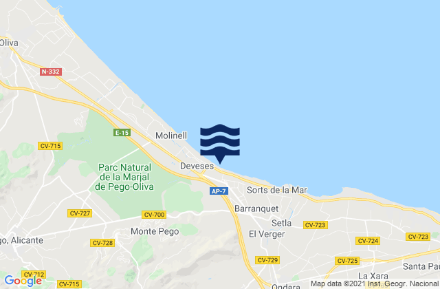 Mapa da tábua de marés em Sanet y Negrals, Spain