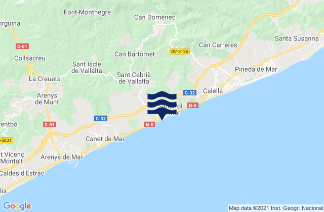 Mapa da tábua de marés em Sant Pol de Mar, Spain
