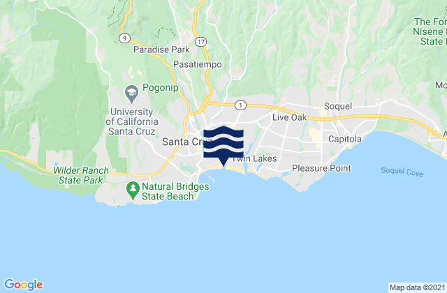 Mapa da tábua de marés em Santa Cruz County, United States