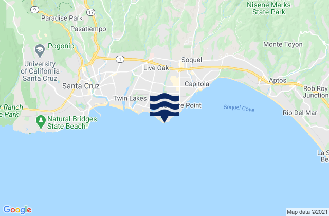 Mapa da tábua de marés em Santa Cruz Rockview St, United States
