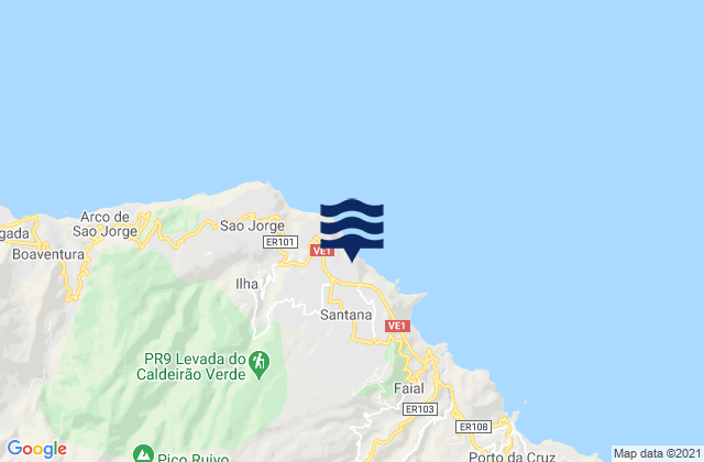 Mapa da tábua de marés em Santana, Portugal