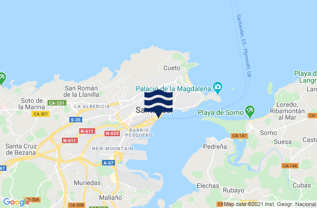 Mapa da tábua de marés em Santander Port, Spain