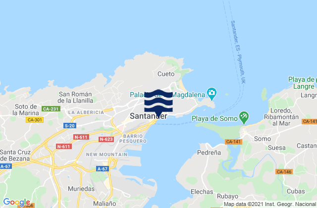 Mapa da tábua de marés em Santander, Spain