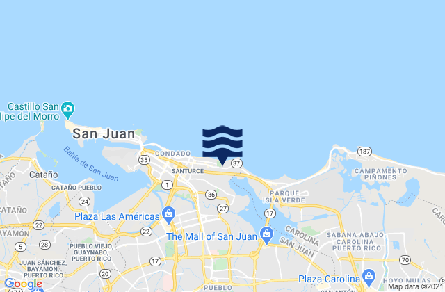 Mapa da tábua de marés em Santurce Barrio, Puerto Rico