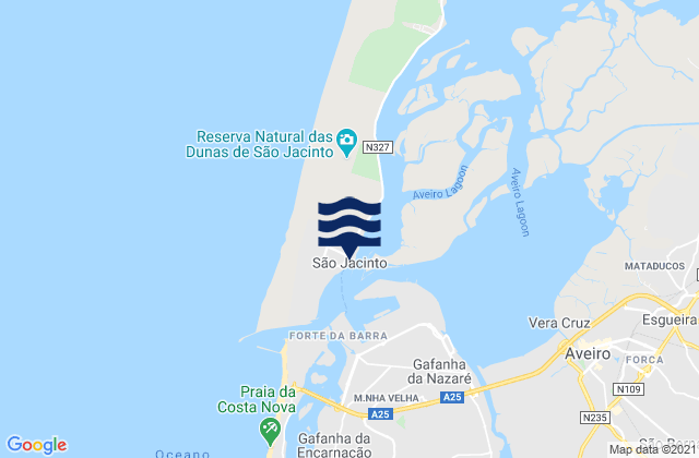 Mapa da tábua de marés em Sao Jacinto, Portugal