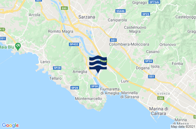 Mapa da tábua de marés em Sarzana, Italy