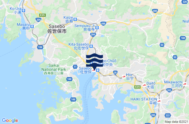 Mapa da tábua de marés em Sasebo, Japan