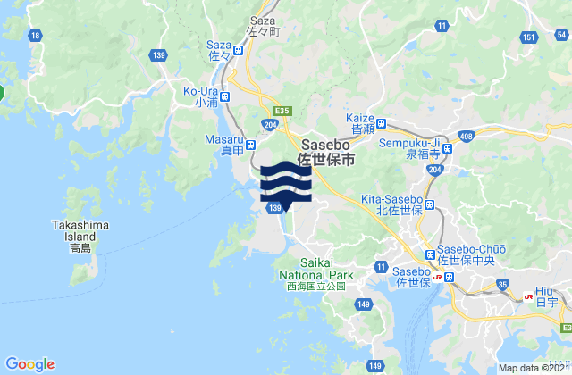 Mapa da tábua de marés em Sasebo Shi, Japan