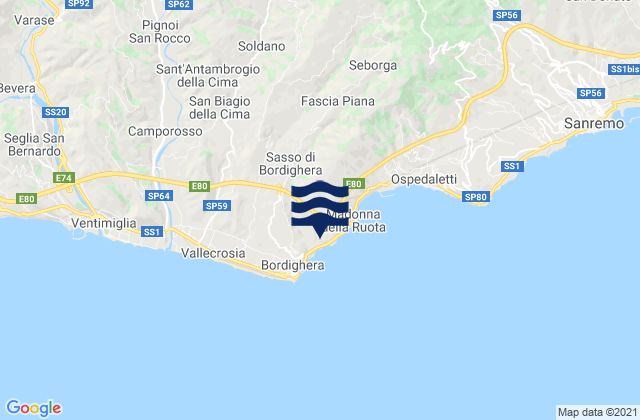Mapa da tábua de marés em Sasso di Bordighera, Italy