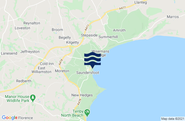 Mapa da tábua de marés em Saundersfoot Beach, United Kingdom