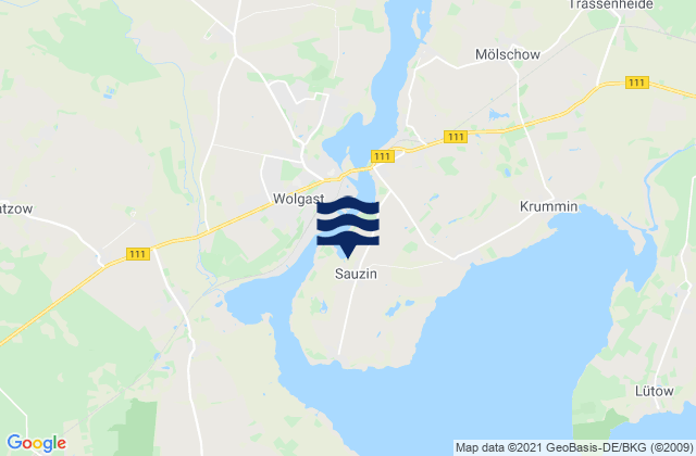 Mapa da tábua de marés em Sauzin, Poland