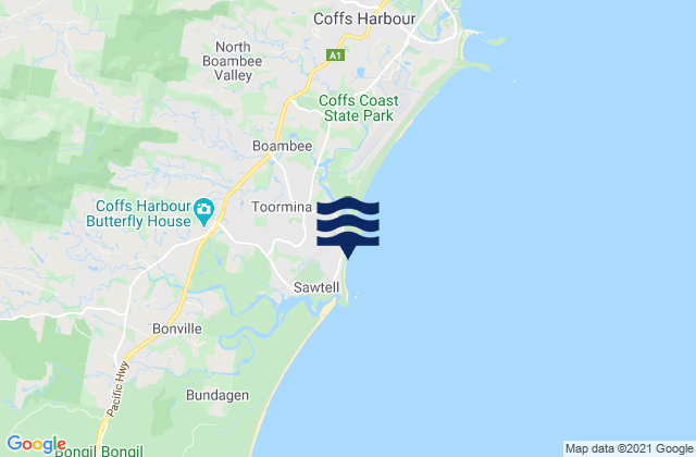 Mapa da tábua de marés em Sawtell, Australia