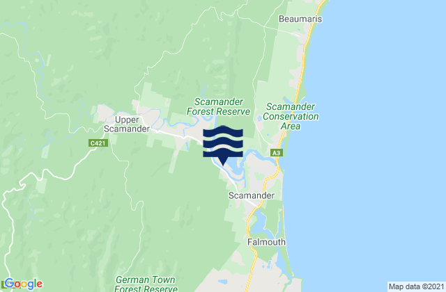 Mapa da tábua de marés em Scamander Rivermouth, Australia
