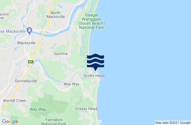 Mapa da tábua de marés em Scotts Head, Australia
