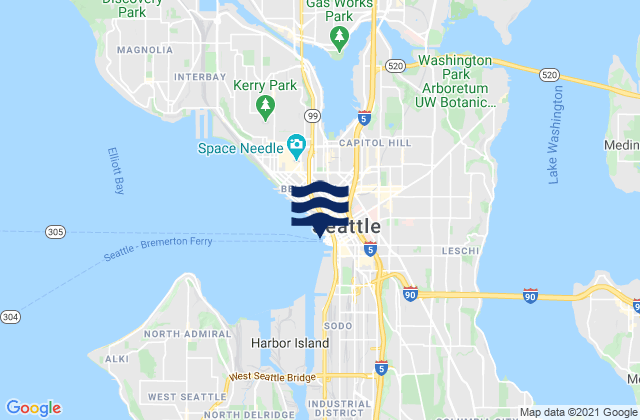 Mapa da tábua de marés em Seattle, United States