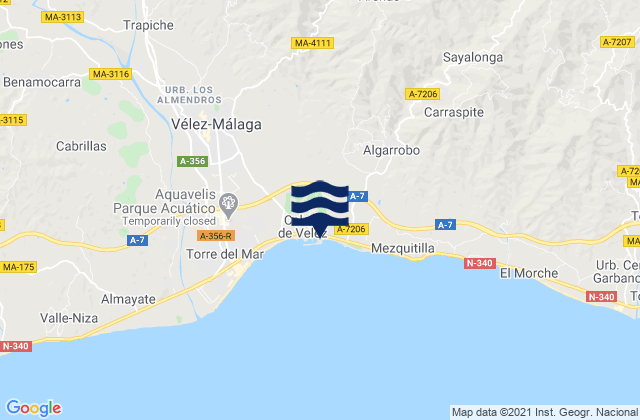 Mapa da tábua de marés em Sedella, Spain