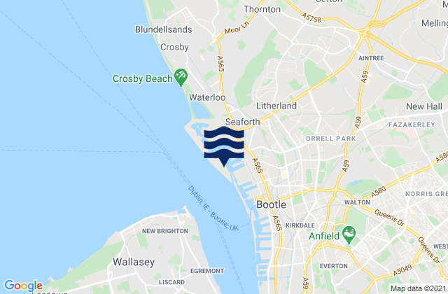 Mapa da tábua de marés em Sefton, United Kingdom