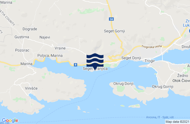 Mapa da tábua de marés em Seget Vranjica, Croatia