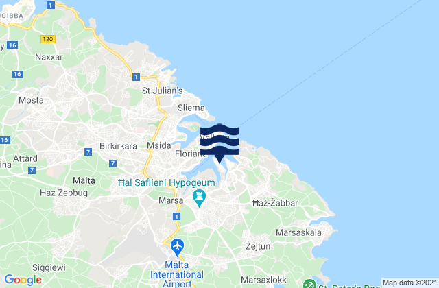 Mapa da tábua de marés em Senglea, Malta