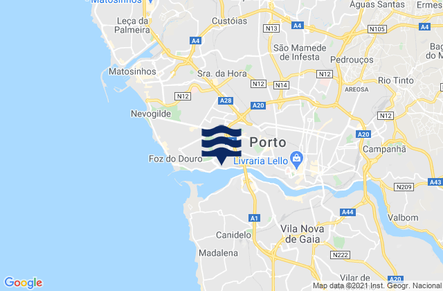 Mapa da tábua de marés em Senhora da Hora, Portugal