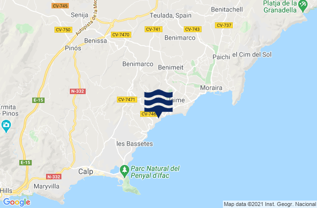 Mapa da tábua de marés em Senija, Spain