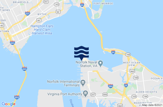 Mapa da tábua de marés em Sewells Point, United States