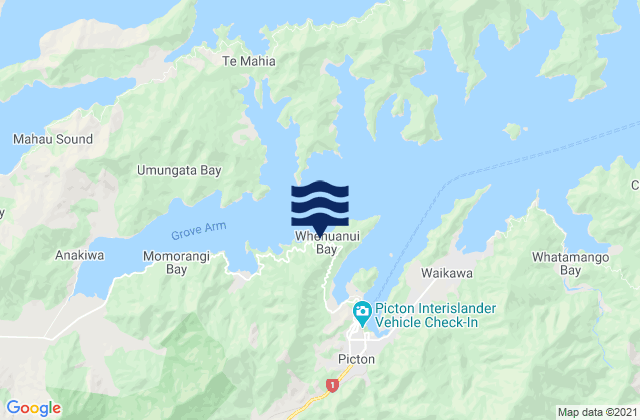 Mapa da tábua de marés em Shakespeare Bay, New Zealand