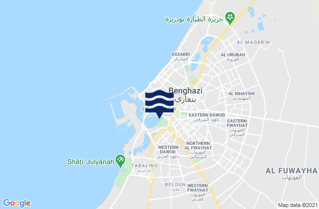 Mapa da tábua de marés em Sha‘bīyat Banghāzī, Libya
