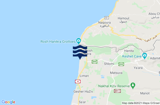 Mapa da tábua de marés em Shelomi, Israel