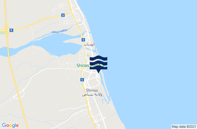 Mapa da tábua de marés em Shināş, Oman