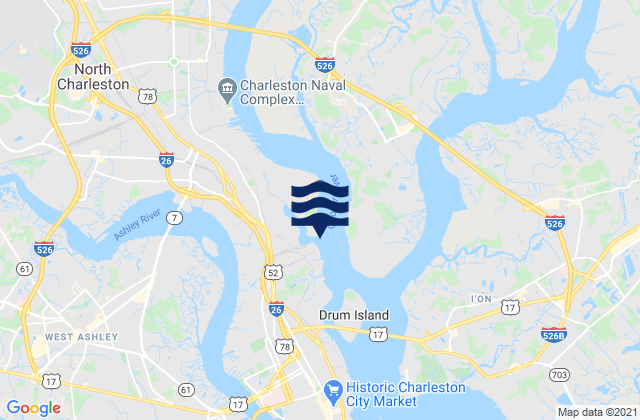 Mapa da tábua de marés em Shipyard Creek entrance, United States