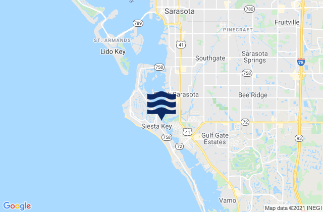 Mapa da tábua de marés em Siesta Key, United States