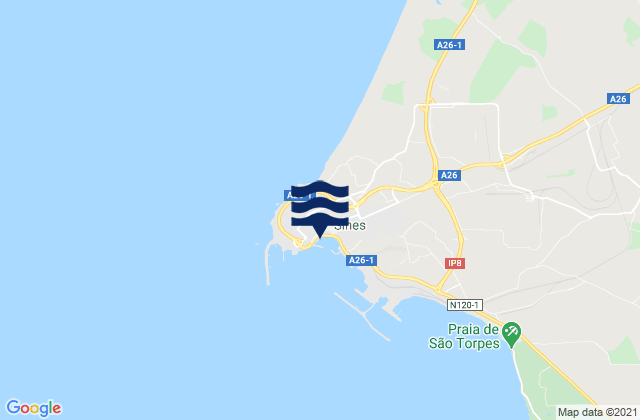 Mapa da tábua de marés em Sines, Portugal