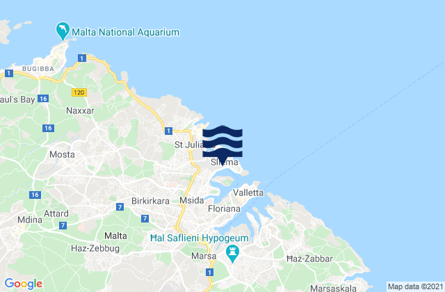 Mapa da tábua de marés em Sliema, Malta