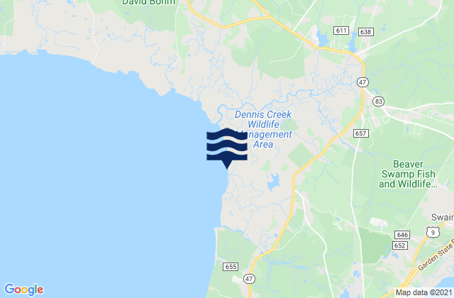 Mapa da tábua de marés em Sluice Creek (Route 47 Bridge Dennis Creek), United States
