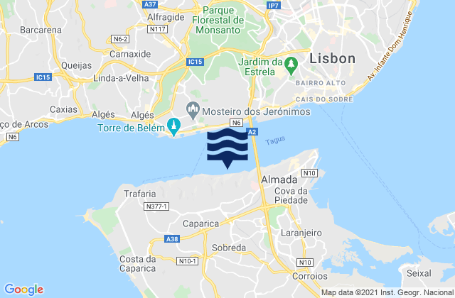 Mapa da tábua de marés em Sobreda, Portugal