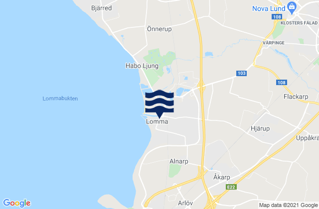 Mapa da tábua de marés em Sodra Sandby, Sweden