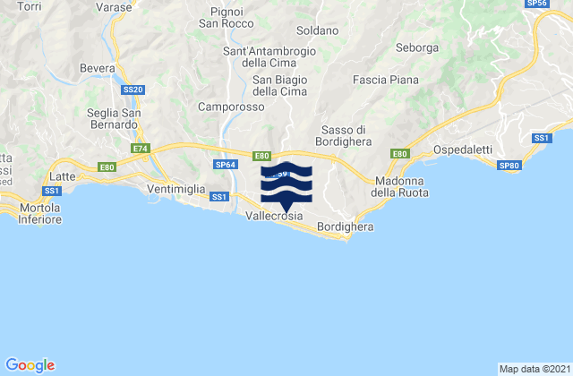 Mapa da tábua de marés em Soldano, Italy