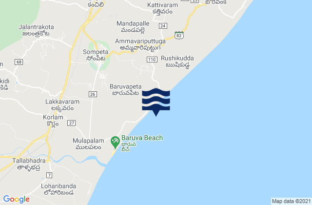 Mapa da tábua de marés em Sompeta, India