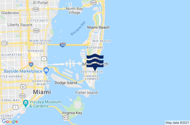 Mapa da tábua de marés em South Beach Miami, United States